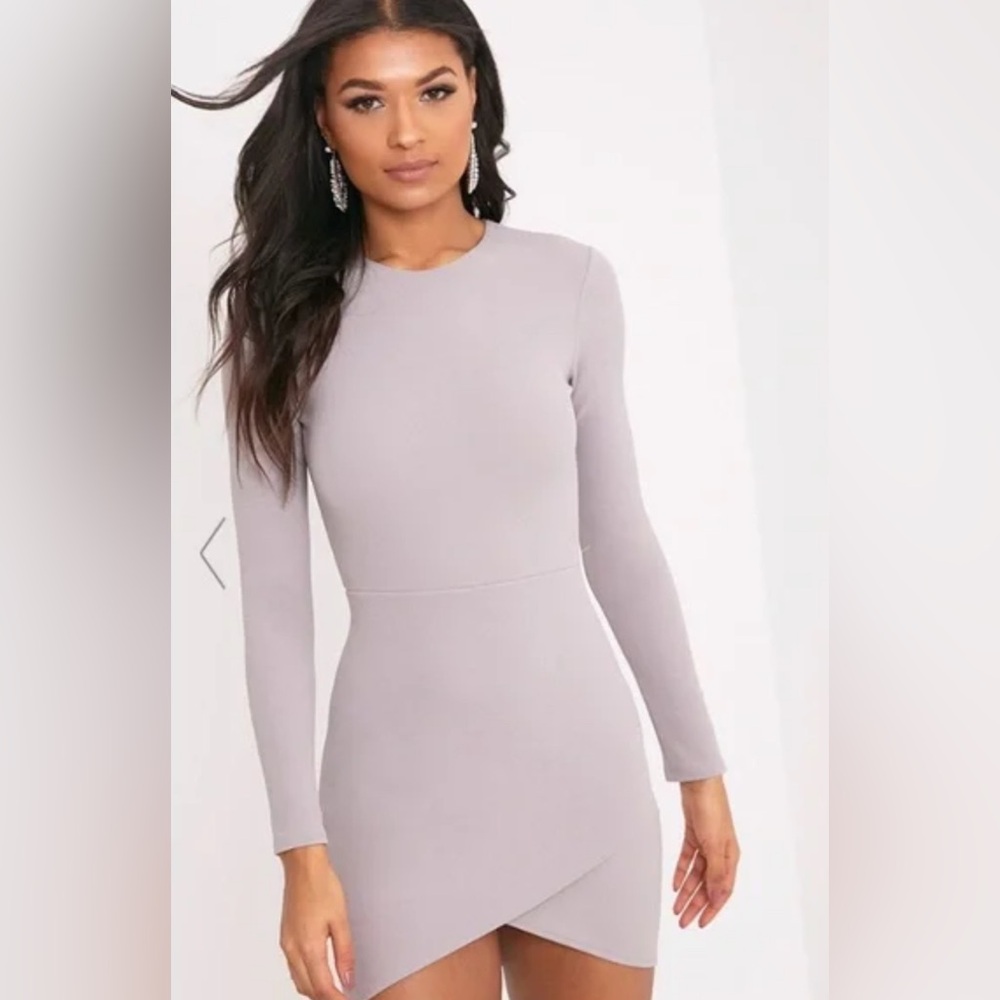 PrettyLittleThing Long Sleeve Wrap Skirt Bodycon Dress - Dove Grey